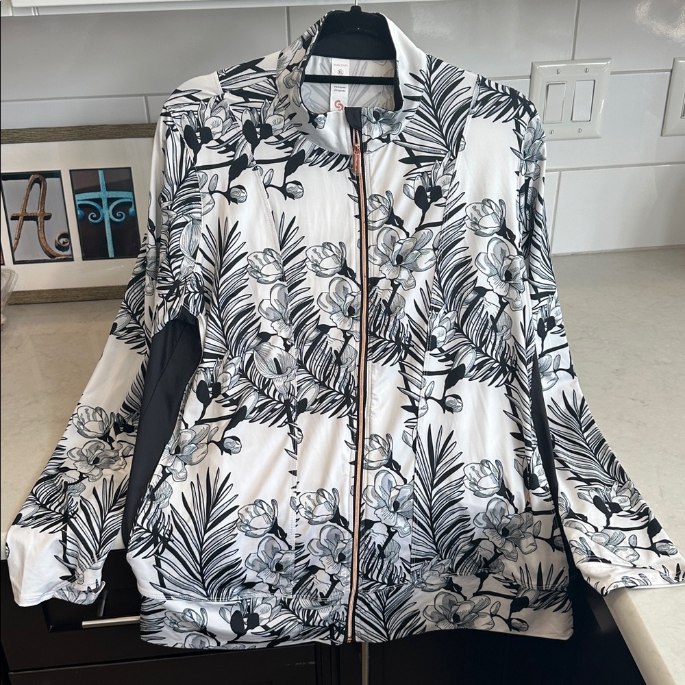 Floral Black and White Zip-Up athletic Jacket